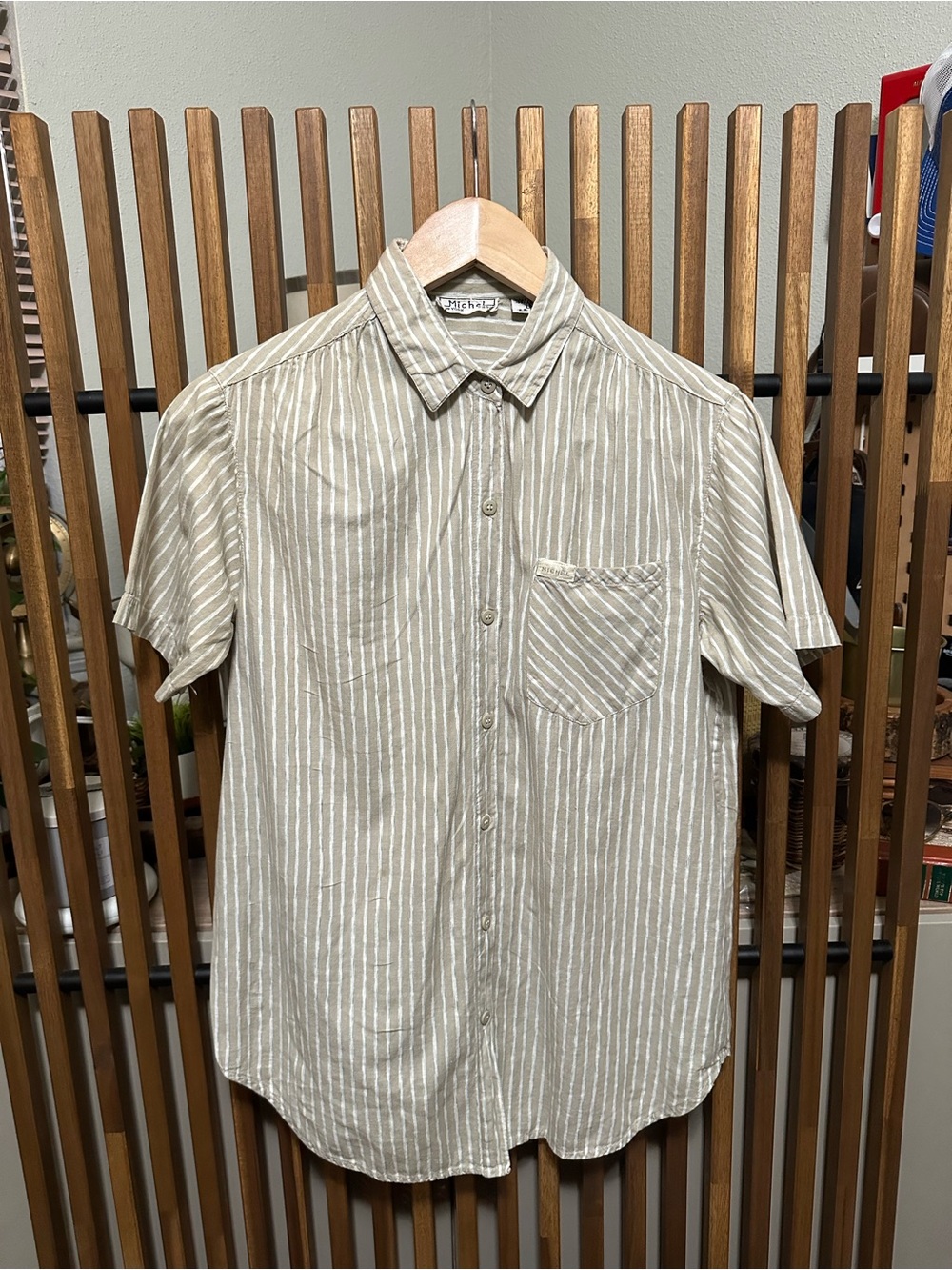 Michel New York Paris Vintage Striped Shirt Small S Beige White 100% Cotton